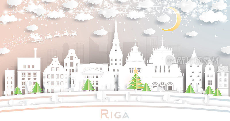 Riga Latvia City Skyline in Paper Cut Style with Snowflakes, Moon and Neon Garland.